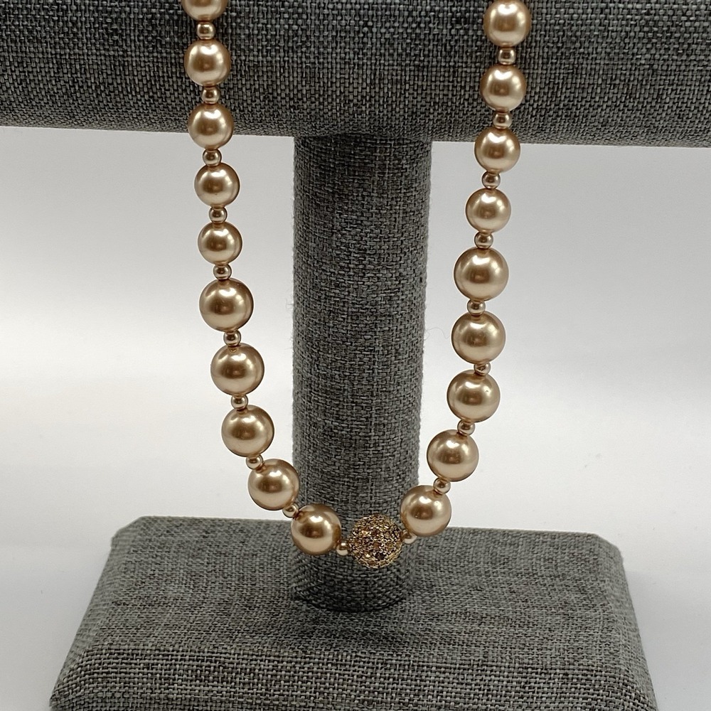 Unsigned Gold Tone Beaded Necklace Vintage Gold Faux Pearl 22"